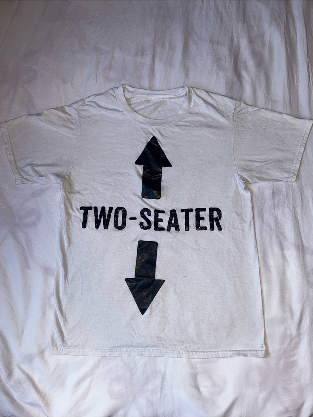 Funny White "Two-Seater" Unisex Graphic Tee with Black Arrows
